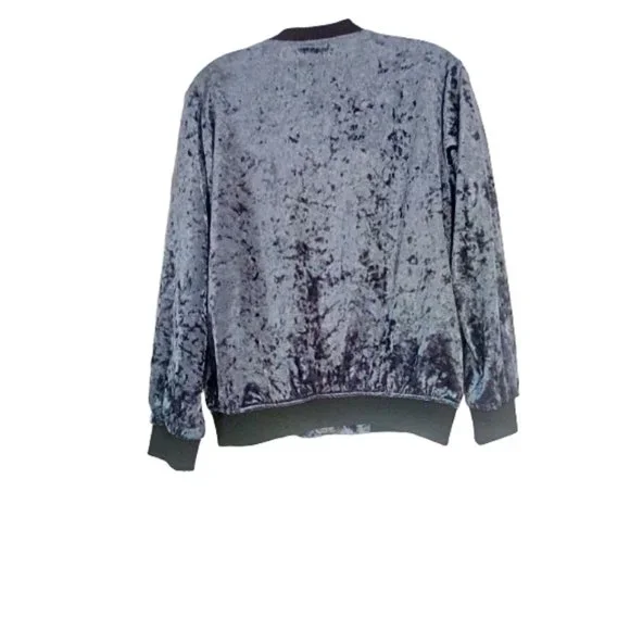 Forever 21 Sz S Jacket Bomber Zip Crushed Velvet Blue Sheen Black Cuffs Hemline - Picture 2 of 3